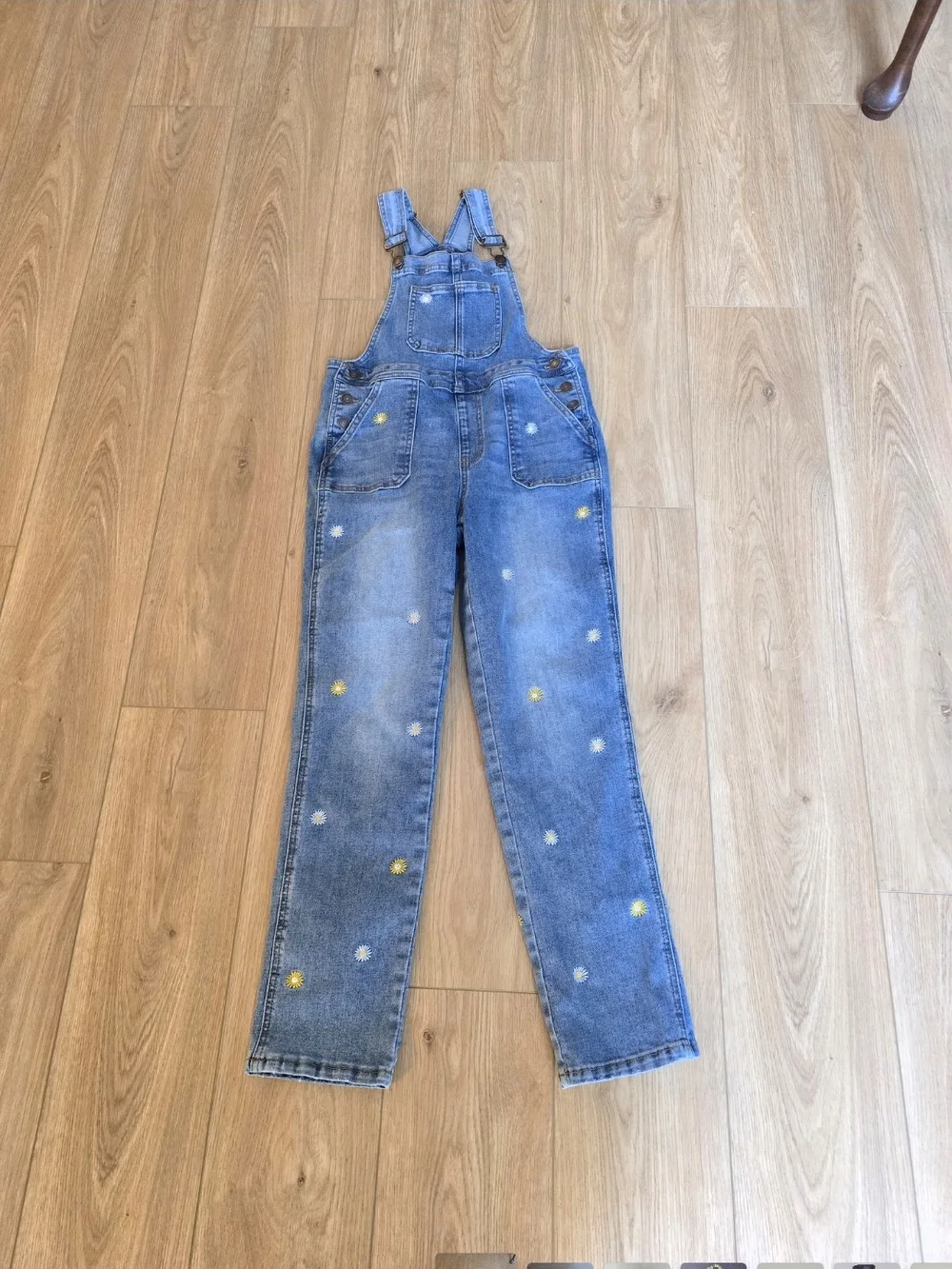 Girl's Blue Denim Overalls with Embroidered Daisy Accents